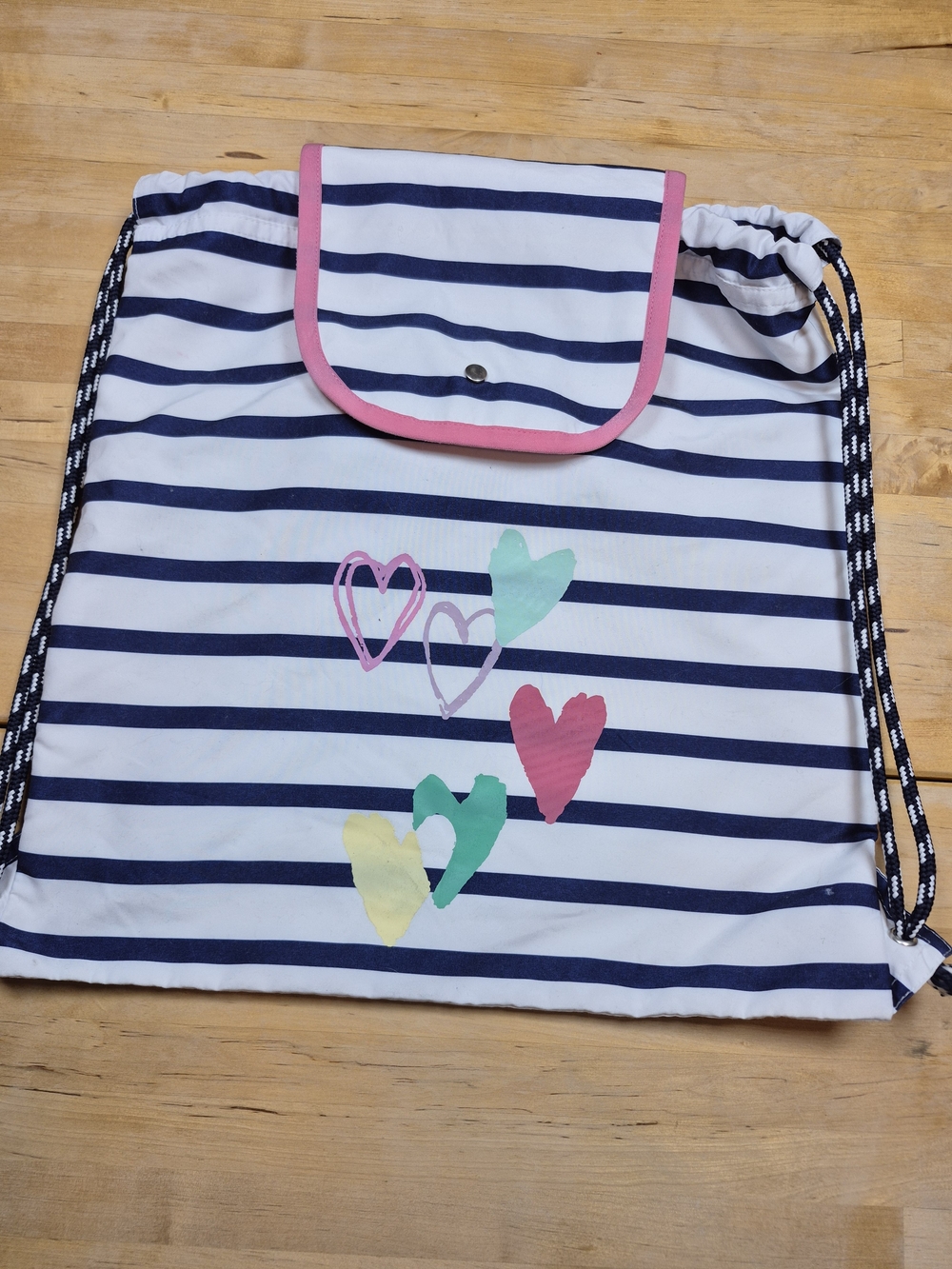 Striped Drawstring Backpack with Colorful Hearts - Pink Trim